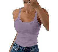 DUOEASE Debardeur Blanc Femme Col Rond Côtelés Basique Haut Blanc Femme Chic Extensible Morado-XS