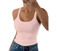 DUOEASE Debardeur Blanc Femme Col Rond Côtelés Basique Haut Blanc Femme Chic Extensible Rosa-S