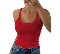 DUOEASE Top Mujer 2029 Basicas Slim fit Cuello Crew Costilla Camiseta de Tirantes Elástica Ropa Verano Rojo-XS