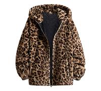 Duohropke Abrigo de leopardo para mujer, parka de peluche, de piel sintética, con bolsillo, abrigo cálido y difuso para otoño e invierno, chaqueta de invierno de manga larga para mujer, ropa de gran