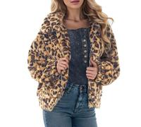 Duohropke Abrigo de leopardo para mujer, parka de peluche teddy, de piel sintética, con bolsillo, abrigo cálido y difuso para otoño e invierno, chaqueta de invierno de manga larga para mujer, ropa de