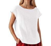 Duohropke Blusa de lino para mujer, blusa de muselina, ligera y aireada, camiseta de verano, cuello redondo, túnica, camiseta fluida, informal, camiseta de lino, camiseta larga de lino, camiseta