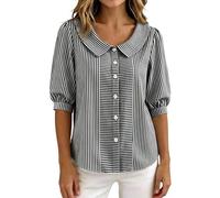 Duohropke Blusas de verano para mujer, camiseta de manga 3/4, a rayas con cuello Peter Pan, blusa holgada, blusa informal de verano, blusa ligera y cómoda, en tallas grandes para el día a día y el