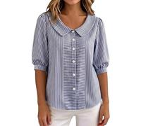 Duohropke Blusas de verano para mujer, camiseta de manga 3/4, a rayas con cuello Peter Pan, blusa holgada, blusa informal de verano, blusa ligera y cómoda, en tallas grandes para el día a día y el