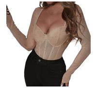 Duohropke Body sexy para mujer, mono de malla, manga larga, con pedrería, blusa con adornos de diamantes de imitación, body de cuerda, lencería, bodystocking, leotard one piece babydoll Catsuit, caqui