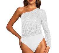 Duohropke Body Top sin hombros con lentejuelas brillantes para mujer, un solo hombro, blusa, body festivo, fiesta, parte superior brillante, plata, S