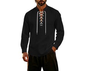 Duohropke Camisa de lino para hombre de manga larga, camisa de tiempo libre, camisa Ghillie Kilt Camisa medieval, camisa tradicional retro con cordones, camisa vikinga, camisa pirata, renacentista
