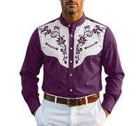 Duohropke Camisa de manga larga para hombre, camisa vaquera, camisa occidental, retro, estilo occidental, camisas de manga larga, camisa medieval, cuello alto, informal, con botones, cuello de solapa