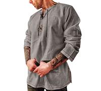 Duohropke Camisa medieval para hombre, túnica, camisa de lino, camisas de verano, manga larga, cuello retro, con cordones, camisa informal de lino, para yoga, pescador, ropa de verano, 01 gris., XXL
