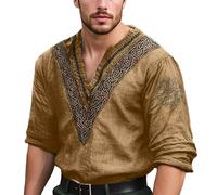 Duohropke Camiseta de lino para hombre, diseño vikingo medieval, manga corta, cuello en V, botones hacia abajo, informal, holgada, camiseta deportiva, mitología nórdica, camiseta gráfica transpirable