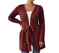 Duohropke Cárdigan de mujer de manga larga con vendaje, suelto, informal, chaqueta de entretiempo ligera, suave y fina, chaqueta de punto para mujer, chaqueta fina, ropa exterior, burdeos, S