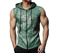 Duohropke Chaleco con capucha de lentejuelas metálicas, para hombre, con cremallera, sin mangas, con bolsillo canguro, disfraz de discoteca de los años 70, brillante, bronceado, camiseta muscular