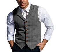 Duohropke Chaleco de traje para hombre, corte ajustado, a cuadros, chaleco de cuello, chalecos para esmoquin, para negocios, bodas, chalecos de punto, chaqueta formal blazer a cuadros, chalecos para