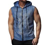 Duohropke Chaleco para hombre, hipster metálico, lentejuelas, cremallera, sin mangas, chaleco con capucha, camiseta con bolsillo canguro, camiseta de tirantes brillante, ropa de club, arcoíris, camisa