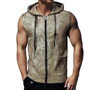 Duohropke Chaleco para hombre, hipster metálico, lentejuelas, cremallera, sin mangas, chaleco con capucha, camiseta con bolsillo canguro, camiseta de tirantes brillante, ropa de club, arcoíris, camisa