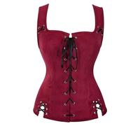 Duohropke Chaleco renacentista para mujer, pirata, ropa medieval, chaqueta de ante victoriana, disfraz vikingo, abrigo gótico, steampunk, cosplay, top con cordones, chaleco con cordones, rojo, S