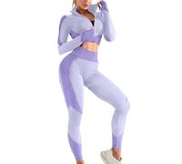 Duohropke Chándal de 3 piezas para mujer, sin costuras, ropa de correr, ropa para correr, gimnasio, camiseta deportiva, sujetador y leggings de compresión, conjuntos de yoga, ropa deportiva, violeta