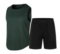 Duohropke Chándal de verano para hombre, conjunto de 2 piezas, camiseta sin mangas, camisetas y pantalones cortos, chándal de manga corta, informal, traje de deporte, traje deportivo Y2K, verde oscuro