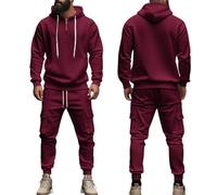 Duohropke Chándal para hombre, chándal deportivo, traje de casa con cremallera 1/4, 2 piezas, sudadera con capucha y pantalones cargo, traje de ocio, traje holgado, ropa de calle con capucha, Vino