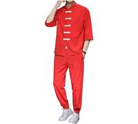 Duohropke Chándal para hombre Chino Ropa tradicional Deportiva Lino Tai Chi Uniforme Kung Fu Traje Cuello Alto Manga Corta Camisa y Pantalones Cómodo Tracksuit Tang Artes Marciales Uniforme, rojo1
