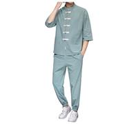 Duohropke Chándal para hombre Chino Ropa tradicional Deportiva Lino Tai Chi Uniforme Kung Fu Traje Cuello Alto Manga Corta Camisa y Pantalones Cómodo Tracksuit Tang Artes Marciales Uniforme, verde