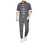 Duohropke Chándal para hombre Chino Ropa tradicional Deportiva Lino Tai Chi Uniforme Kung Fu Traje Cuello Alto Manga Corta Camisa y Pantalones Cómodo Tracksuit Tang Artes Marciales Uniforme, gris, XL