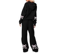 Duohropke Chándal para mujer Y2k, chándal con lazo, 2 piezas, informal, para adolescentes, niñas, manga larga, diseño gráfico, sudadera de gran tamaño, sudadera, chándal para el tiempo libre, negro1