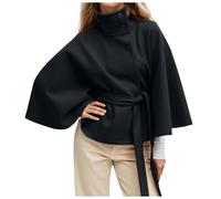 Duohropke Chaqueta corta de lana para mujer, abrigo de cuello alto, gabardina con cinturón, manga murciélago, ponchos capa, elegante, chaqueta de invierno, abrigo clásico de pavo real, ropa exterior