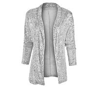Duohropke Chaqueta de lentejuelas brillantes para mujer, manga larga, bolero, tops, elegante, blazer brillante, fiesta, ropa de club, plata, XXL