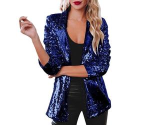 Duohropke Chaqueta de mujer con lentejuelas y brillo, manga larga, bomber ajustado, elegante, con lentejuelas, saco corto, blazer liso, para adolescentes, ropa de calle, brillante, fiesta, azul, L