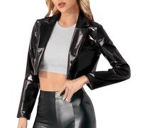 Duohropke Chaqueta de piel sintética para mujer, aspecto mojado, bolero, parte delantera, abierta, cárdigan de piel, chaqueta de punto sin vientre, chaqueta con cuello de solapa, otoño e invierno