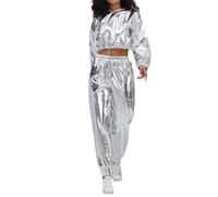 Duohropke Chaqueta metálica de manga larga para mujer, chaqueta de béisbol holográfica, con cremallera, brillante, fiesta, festival, parte superior, plata, S