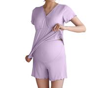 Duohropke Conjunto de pijama de maternidad para mujer, manga corta, transpirable, traje de casa, parte superior acanalada, ropa de dormir para embarazo, ropa de dormir de cintura alta, pijama de