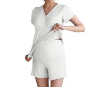 Duohropke Conjunto de pijama de maternidad para mujer, manga corta, transpirable, traje de casa, parte superior acanalada, ropa de dormir para embarazo, ropa de dormir de cintura alta, pijama de