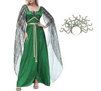 Duohropke Disfraz de Halloween para mujer, disfraz de Medusa griego, de manga larga, vestido de fiesta medieval, con serpiente, diadema de Cospaly, disfraz de hada de las flores