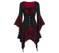 Duohropke Disfraz de Halloween para mujer, disfraz renacentista, tallas grandes, vestido gótico, princesa, vintage, festival, traje largo de tirolesa, vestido medieval, rojo, S