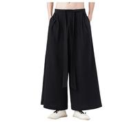 Duohropke Hakama Kung Fu Pantalones de seda de hielo para hombre con dobladillo ancho Wushu Kimono chino, Negro , XL