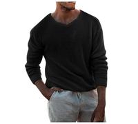 Duohropke Jersey de punto fino para hombre, cuello redondo, a rayas, manga 3/4, básico, para otoño e invierno, térmico, manga larga, corte holgado, para tiempo libre, manga larga, Negro , XL