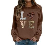 Duohropke Jersey para mujer, otoño, sudadera sin capucha, para día de San Valentín, con estampado de corazones de leopardo, moderno, cuello redondo, camiseta de manga larga, tops, túnica, ropa de