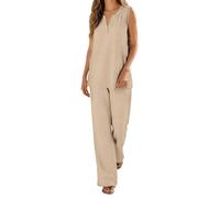Duohropke Juegos de lino para mujer de 2 piezas, informal, sin mangas, camiseta sin mangas, con botones y pierna ancha, pantalones de verano, vacaciones, viajes, ropa de ocio, informal, monocolor