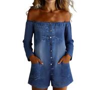 Duohropke Mono de mezclilla para mujer, manga larga, hombros descubiertos, mono holgado vaquero, mono corto, traje vaquero, traje vaquero, traje vintage desgastado, traje de pantalón holgado, azul