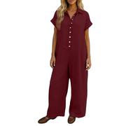 Duohropke Mono de verano para mujer, de manga corta, largo, pierna ancha, elegante, con cuello y botones, holgado, de una pieza, con bolsillo, monocolor, para el tiempo libre, rojo, M