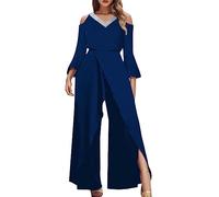 Duohropke - Mono elegante para mujer con lentejuelas, jumpsuit de talla grande, atuendo festivo, cuello en V largo, mono de una pieza, invitado a la boda, playsuits, mono para fiesta, con pierna ancha