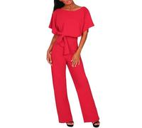 Duohropke Mono para mujer, elegante, largo, mono de manga corta, cuello redondo, con cinturón, pierna ancha, mameluco de verano, elegante, para bodas y fiestas, rojo, M