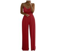 Duohropke Monos para mujer, mono de mujer para boda elegante y festivo, mono largo de pierna ancha, mono de una pieza con encaje, traje de noche, traje de invitada de boda, rojo, XL