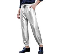 Duohropke Pantalones de chándal de metal para hombre, pantalones brillantes para fiesta de los años 80, pantalones dorados y plateados, pantalones metálicos, lentejuelas, ropa de calle, danza,