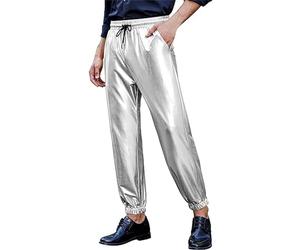 Duohropke Pantalones de chándal de metal para hombre, pantalones brillantes para fiesta de los años 80, pantalones dorados y plateados, pantalones metálicos, lentejuelas, ropa de calle, danza,