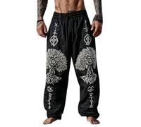 Duohropke Pantalones de lino para hombre con cordón, pantalones vikingos medievales, mitología nórdica, retro, vikingo, estampado vikingo, pantalones de lino, transpirables, pantalones de tiempo libre