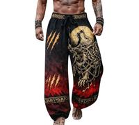 Duohropke Pantalones de lino para hombre con cordón, pantalones vikingos medievales, mitología nórdica, retro, vikingo, estampado vikingo, pantalones de lino, transpirables, pantalones de tiempo libre