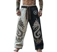 Duohropke Pantalones de lino para hombre con cordón, pantalones vikingos medievales, mitología nórdica, retro, vikingo, estampado vikingo, pantalones de lino, transpirables, pantalones de tiempo libre